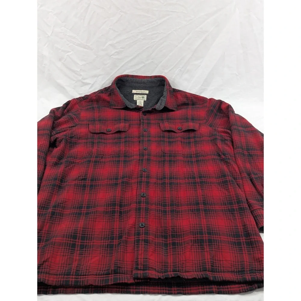 LL‎ Bean Jacket Mens Large Reg Red  Shacket Fleece Flannel Shirt Traditional Fit